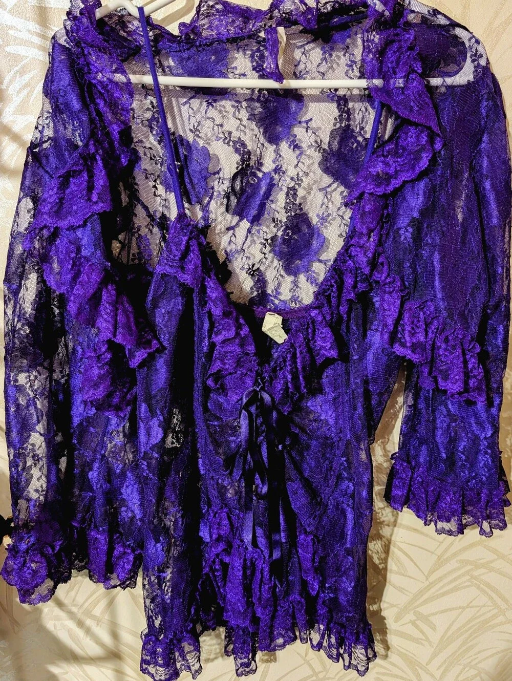 Escante Sheer Stunning Purple Lace Ruffle Lingerie With Black Lace Tie Size L
